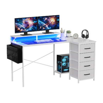 L Shaped Gaming Desk LED Lights Power Outlets | EXTG