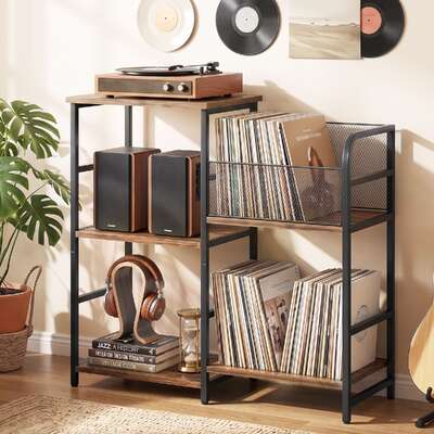 Vinyl Record Stand Rustic Wood 76x30x77cm