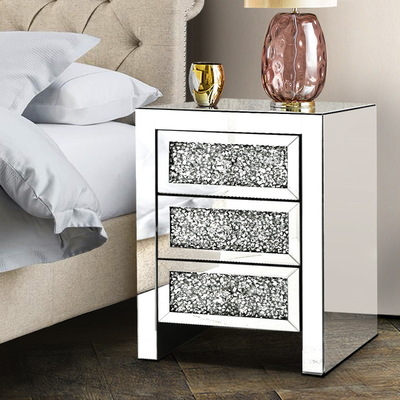 Bedside Table Nightstand Side End Tables Storage 3 Drawers Mirrored Glass Furniture
