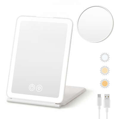 Portable Rechargeable Travel Makeup Mirror With Lights 10x Magnification White