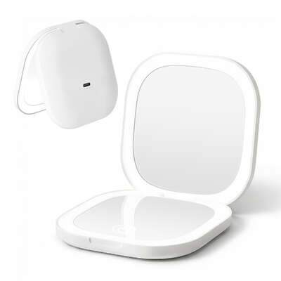 LED Lighted Compact Travel Makeup Mirror 1x And 10x Magnification Square White