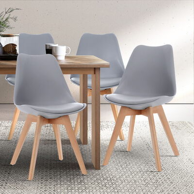  4x Retro Dining DSW Chairs PU Leather Padded Kitchen Cafe Beech Wood Legs Grey
