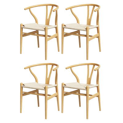 1 Set of 4 Dining Chairs Wooden Rattan Seat Wishbone Back