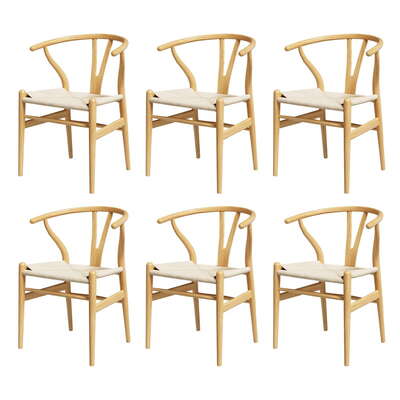 1 Set of 6 Dining Chairs Wooden Rattan Seat Wishbone Back