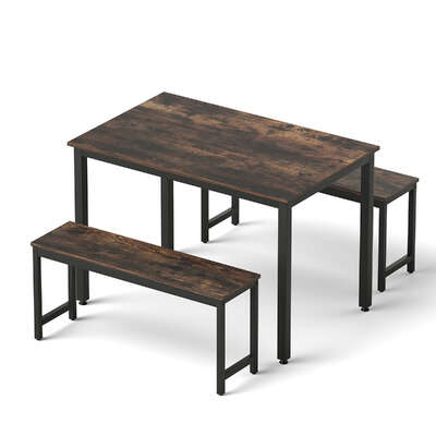 Dining Table and Chairs Set 3PCS Kitchen Metal Desk Bench Dark Walnut