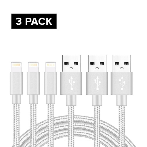 3 1M Nylon iPhone 5 6 6S 7 7 Plus 8 8 Plus Charger USB Data Cord Silver
