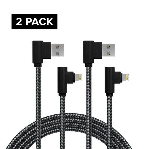2 Tough Duty 1m Lightning USB Cable 90 Degree Angle Charger iPhone iPad (Black)