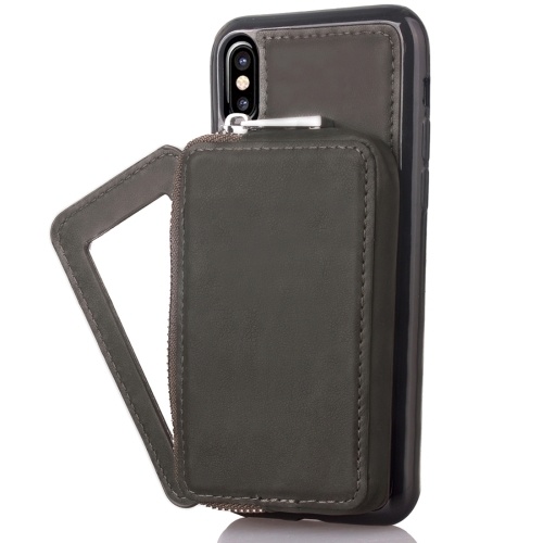 iPhone X Wallet Case PU Protective Cover with Mirror Card Slot Zipp Section Gray