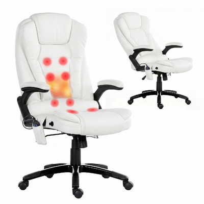 8 Point Massage Office Chair Heated Seat Recliner PU White