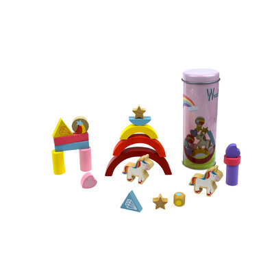 WOODEN UNICORN BALANCING BLOCKS IN METAL CYLINDER