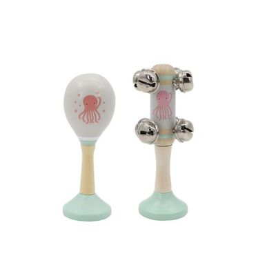 Octopus Wooden Maraca & Bell Stick Set