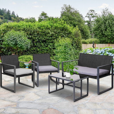 4 Pcs Outdoor Sofa Set Rattan Furniture Glass Top Table Chairs Black