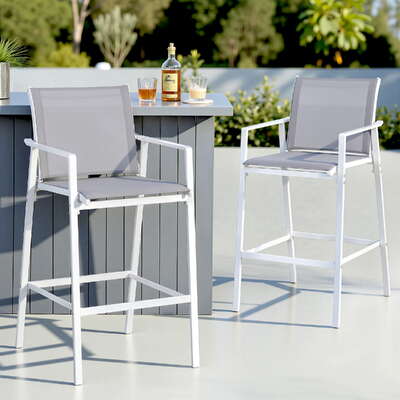 2PC Outdoor Bar Stools Dining Chairs Patio Furniture Garden Steel Textilene White