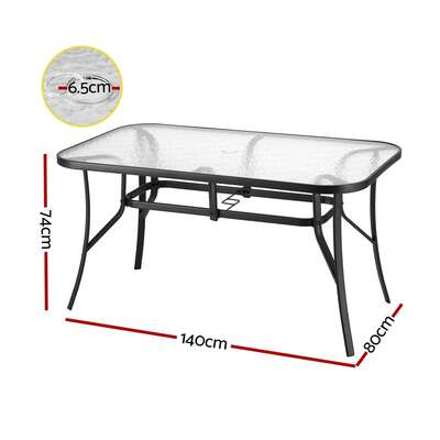  140CM Outdoor Dining Table Steel Frame Tempered Glass Parasol Hole Black