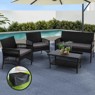4Pcs Outdoorsofa Set With Storage Cover Wicker Harp Chair Table Black