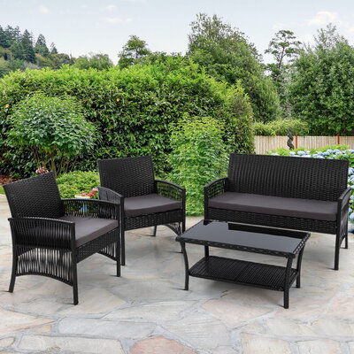 4Pcs Outdoor Sofa Set Wicker Harp Chair Table Garden Furniture Black