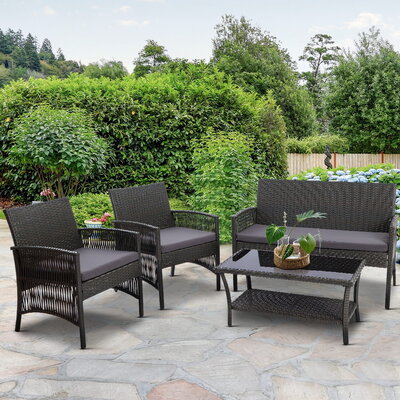 4Pcs Outdoor Sofa Set Wicker Harp Chair Table Garden Furniture Grey