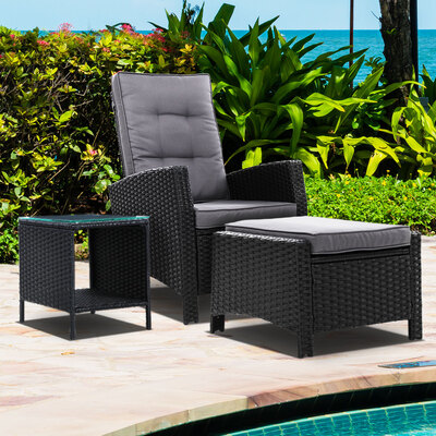 3Pc Recliner Chairs Table Sun Lounge Wicker Outdoor Furniture Black