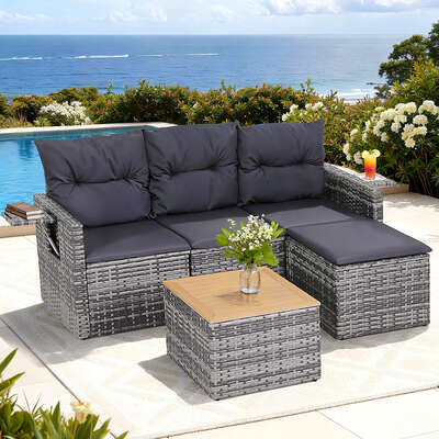 5 Pieces Outdoor Sofa Set 4-Seater Grey Rattan Patio Furniture Table and Chair Setting