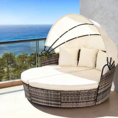 Outdoor Day Bed Wicker Sun Lounge Patio Furniture Canopy Beige 3pc