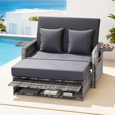 Outdoor Day Bed Sun Lounge Setting Wicker Lounger Patio Furniture Grey