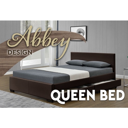 Abbey Queen Size Bed with Side Draw Mat PU Leather Brown 152 x 203cm