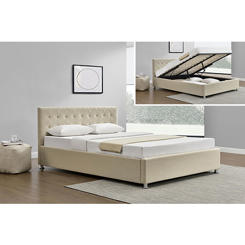 Harlo King Size Gas Lift Storage Bed Espresso Sand Fabric 203 x 183 x 89cm