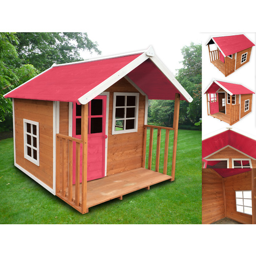 Kids Outdoor Wooden Playhouse with Pink Roof 172 x 140 x 136cm 