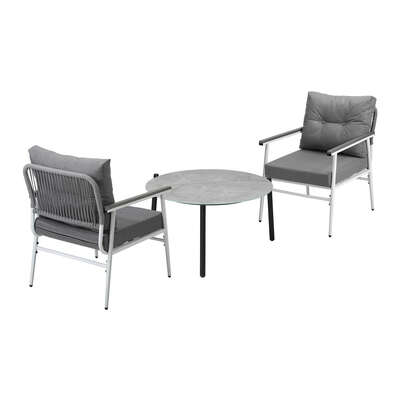3PC Outdoor Patio Set 70cm Table Grey and White Armchairs