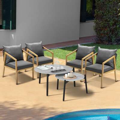 6PCS Outdoor Patio Set Grey 70cm Coffee Table Set Natural Chairs