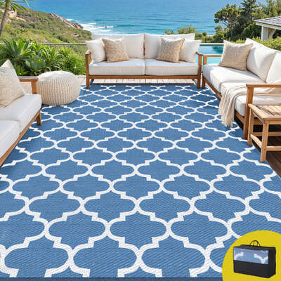 274x366cm Large Outdoor Rug Reversible Dual-Sided Patio Carpet Blue