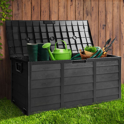 Giantz 290L Outdoor Storage Box Lockable Weatherproof Garden Deck Toy Shed ALL BLACK