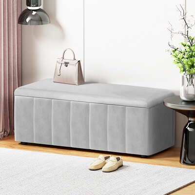 Storage Ottoman Blanket Box in Luxurious Grey Velvet, 103cm Long Design
