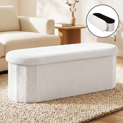 Boucle Storage Ottoman Footstool Foldable White | EXTG