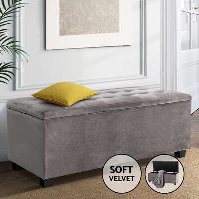  Storage Ottoman Blanket Box Velvet Foot Stool Rest Chest Couch Toy Grey