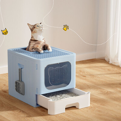 Large Cat Litter Box - Hooded, Foldable Tray with Scoop, Blue