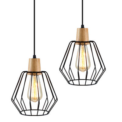 2x Pendant Light Wood and Metal Black