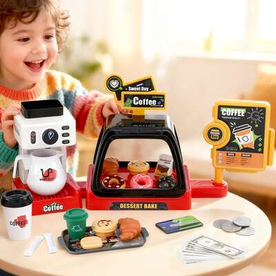 Kids Pretend Play Coffee Shop Toy Set With Coffee Maker Food & Play Money