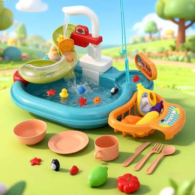 Kids Pretend Play Kitchen Sink with Faucet Floating Fishing Toys Play food