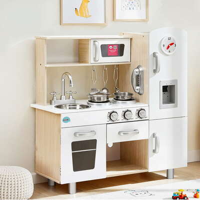 Kids kitchen play set wooden pretend toys cooking children clock beige