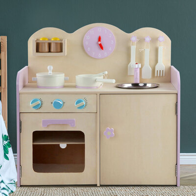 Kids Wooden Kitchen Play Set - Natural & Pink