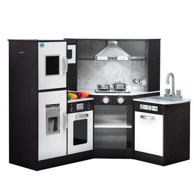 Kids Kitchen Play Set Wooden Pretend Cooking Playset w/Sounds Lights Black