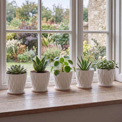8 Inch Plant Pots Set 5 Drainage Saucers White | EXTG