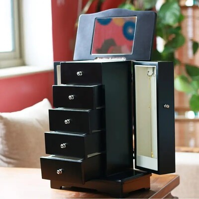 Elegant Black Wooden Jewelry Box with 4 Layers of Drawers