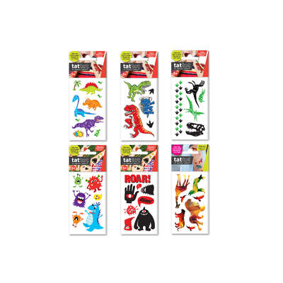 PRICE FOR 6 ASSORTED TEMPORARY TATTOO DINOSAUR & MONSTER 