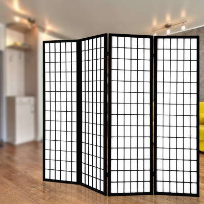 4 Panel Wooden Room Divider - Black