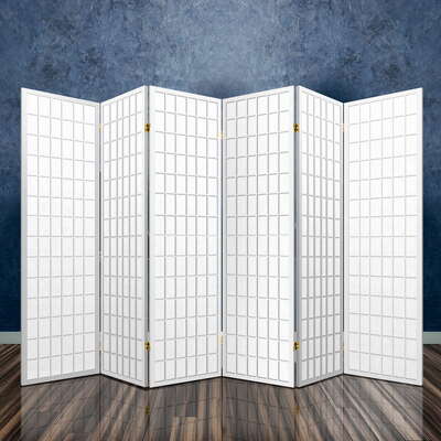  6 Panel Room Divider Privacy Screen Foldable Pine Wood Stand White