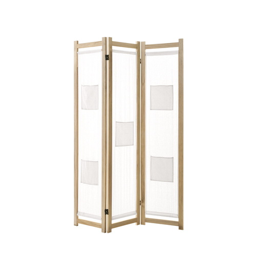 3 Panel Room Divider Privacy Screen Wood Fabric Foldable Stand White Natural