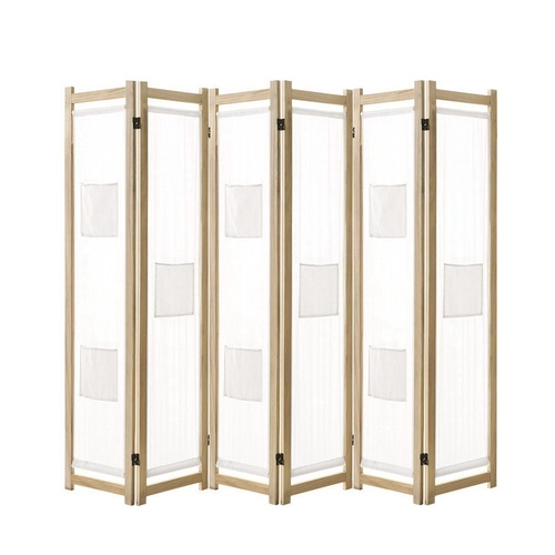 6 Panel Room Divider Privacy Screen Wood Fabric Foldable Stand White Natural