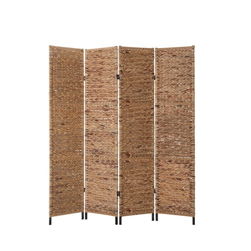 4 Panel Room Divider Privacy Screen Water Hyacinth Patition Metal Stand Natural